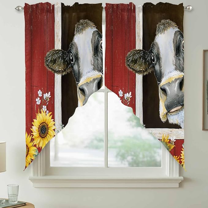 Cows Sunflowers Swag Valances for Windows, Rustic Farms Barns Flowers Bees Animals Rod Pocket Kitchen Curtains Valance, Kitchen Window Curtains Swag for Cafe Bathroom Living Room, 2 Panels, 36x45 inch