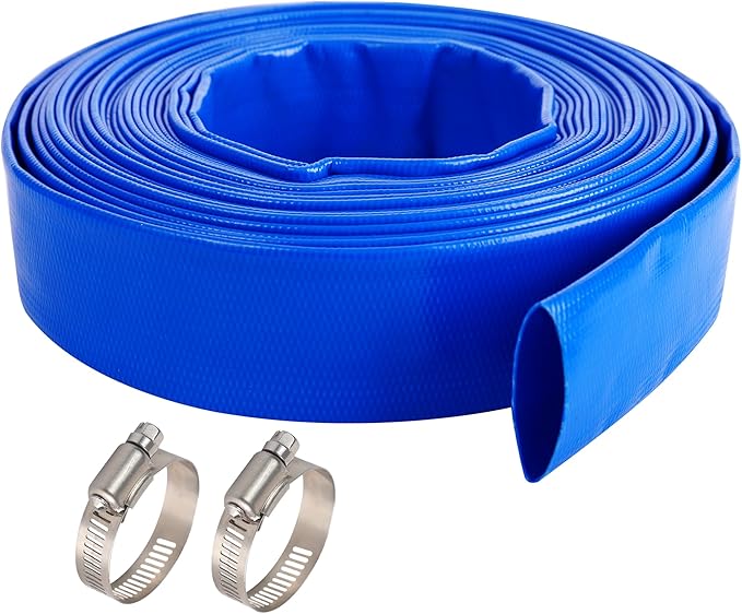 1-1/2"(Flat 2.6’’ width) x 100 FT Pool Backwash Hose, Blue Heavy Duty Reinforced PVC Lay Flat Water Discharge Hose for Swimming Pool Filter Pump,with 2 Clamp