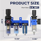 1/4 Inch NPT Three Stage Air Drying System,air Pressure Regulator with 5＆0.01 Micron Filter Cartridge，Desiccant Dryer & Air Regulator, Metal Bowl Manual Drainage-Blue