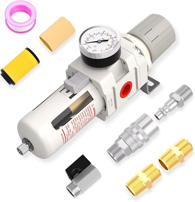 3/8" NPT Air Drying System, 5 Micron Air Line Filter with 150 PSI Gauge and Valve Shut Off Switch for Plasma Cutter and Paint Spray, Manual Drain