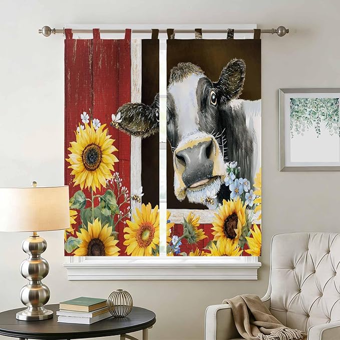 Cows Sunflowers Living Room Curtains 84 Inch Length, Window Curtains Tab Top, Rustic Farms Barns Flowers Bees Animals Light Filtering Window Treatments Drapes 42"x84" 2 Panel