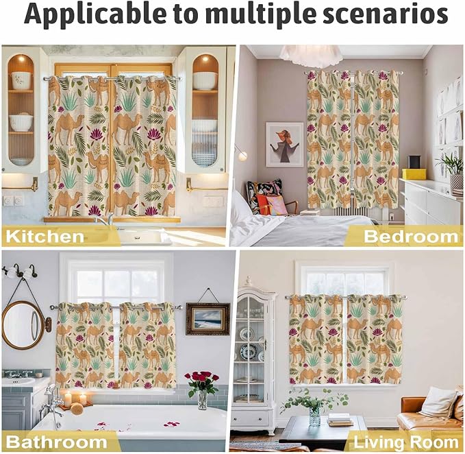 2 Panel Kitchen Cafe Curtains, Desert Camels Sunlight Filtering Nature Air Through, Home Decor Window Covering Tier Curtains for Living Room 80W x 84L inch Vintage Sand Animals Aloe Vera Leaves Beige