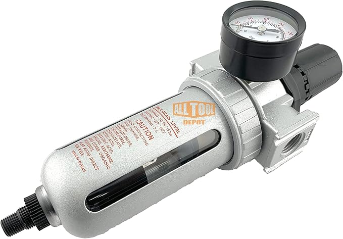 1/2" NPT Mid Flow Compressed Air In Line Filter Regulator Combo Piggyback, Poly Bowl And Metal Body, 5 Micron Element, Adjustable From 7 to 145 PSI (AUTO DRAIN)
