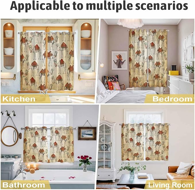 2 Panel Kitchen Cafe Curtains, Desert Sand Camel Sunlight Filtering Nature Air Through, Home Decor Window Covering Tier Curtains for Living Room 55W x 39L inch Summer Tropical Animals Vintage Beige