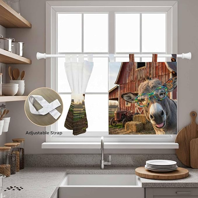 Farm Donkeys Kitchen Curtains 24 Inch Length, Small Window Curtains Tab Top, Farmhouse Barn Funny Animals Butterfly Light Filtering Short Window Treatments Tier Drapes 27.5"x24" 2 Panel