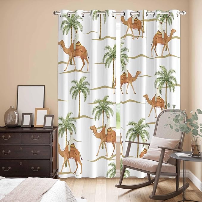 2 Panel Kitchen Cafe Curtains, Desert Camels Sunlight Filtering Nature Air Through, Home Decor Window Covering Tier Curtains for Bedroom Living Room 104W x 96L inch Tropical Date Palm Trees Animal
