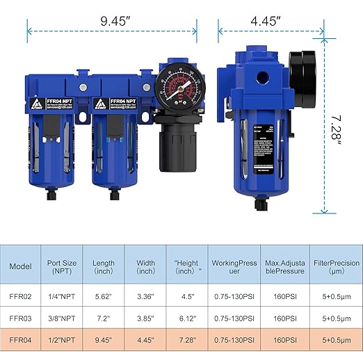1/2" NPT Air Dryer System,Air Compressor Filter Dryer,5 and 5 Micron Filter Cartridge,Semi-Auto Drain, Metal Bracket-Blue