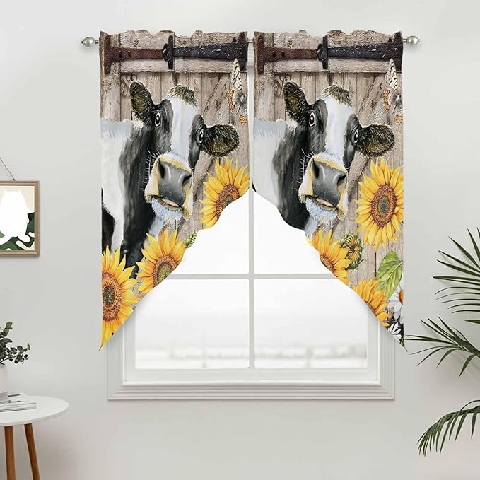 Retro Farmhouse Flower Swag Valances for Windows, Yellow Sunflowers Cow Barn Doors Brown Rod Pocket Kitchen Curtains Valance, Small Window Curtains Swag for Cafe Living Room, 2 Panels, 28x36 inch