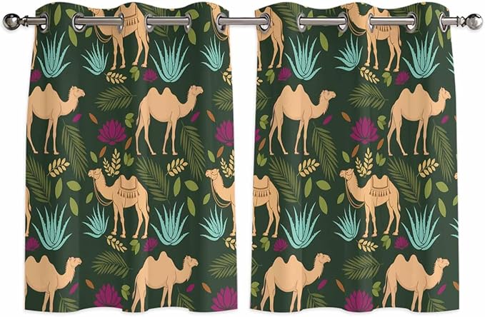 2 Panel Kitchen Cafe Curtains, Retro Desert Camel Sunlight Filtering Nature Air Through, Home Decor Window Covering Tier Curtains for Bedroom Living Room Tropical Animal Aloe Vera Leaves Dark Green