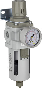 PneumaticPlus SAW400-N04BG Compressed Air Filter Regulator Piggyback Combo 1/2" NPT - Poly Bowl, Manual Drain, Bracket, Gauge