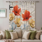 Retro Floral Living Room Curtains 84 Inch Length, Window Curtains Tab Top, Red Yellow Tulips Barm Doors Farmhouse Wooden Light Filtering Window Treatments Drapes 52"x84" 2 Panel