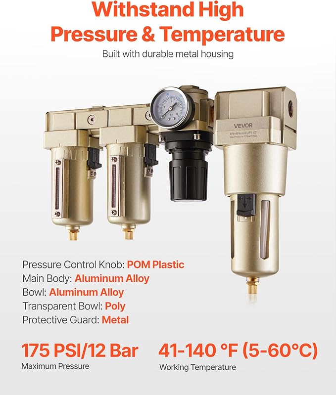 VEVOR Air Compressor Filter Regulator Combo, 1/2" NPT 3-Stage 25μm & 5μm & 0.3μm Compressed Air Drying System with Micron Filters & Oil-Water Separator, Semi-Auto Drain, 175PSI Max Working Pressure