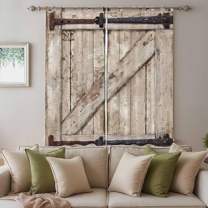 Farmhouse Wood Grain Living Room Curtains 84 Inch Length, Window Curtains Tab Top, Vintage Country Barn Gate Brown Light Filtering Window Treatments Drapes 52"x84" 2 Panel