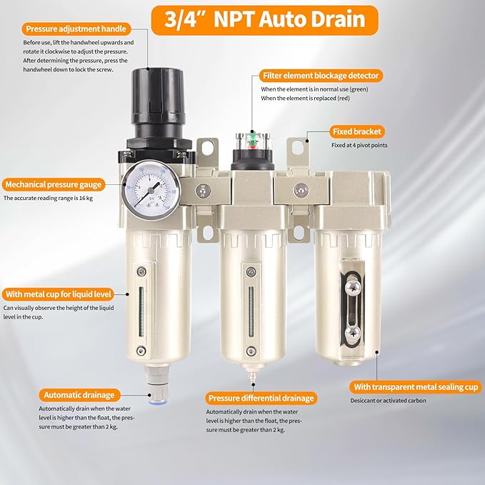 3/4" NPT Industrial Grade 3 Stage Air Compressor Drying System, 0-240 PSI, Particulate & Coalescing Filters, Auto Drain Air Compressor Water Separator System Filter Oil for Paint Spray＆ Plasma Cutter