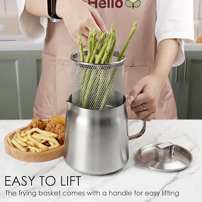 68oz 304 Stainless Steel Oil Filter Pot, Heavy Duty Bacon Grease Container & Deep Fryer Basket, Large Capacity Multi-function Oil Filter Vessel with Strainer for Kitchen Storing Frying Cooking Grease