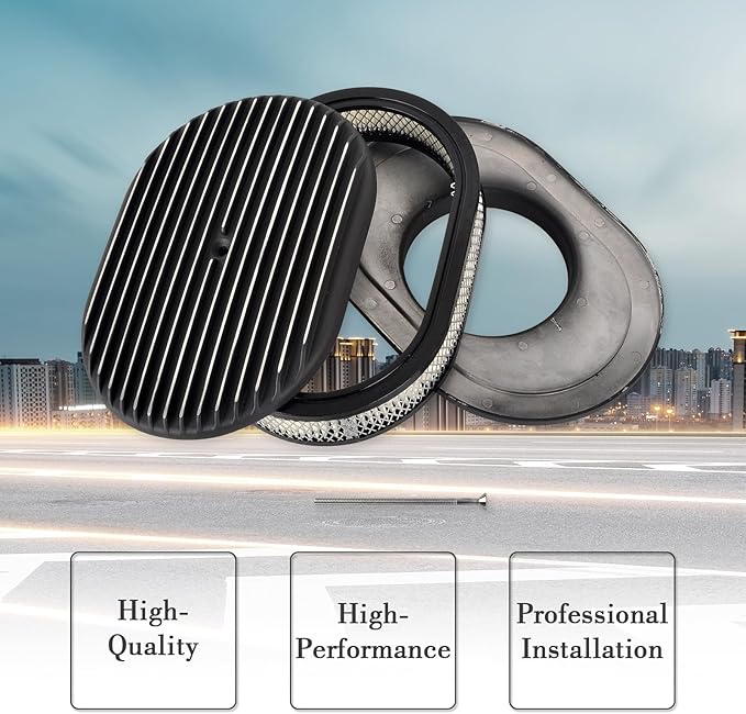 12" Air Cleaner Kit Black Aluminum Oval Full Finned Compatible with Classic Chevy Ford
