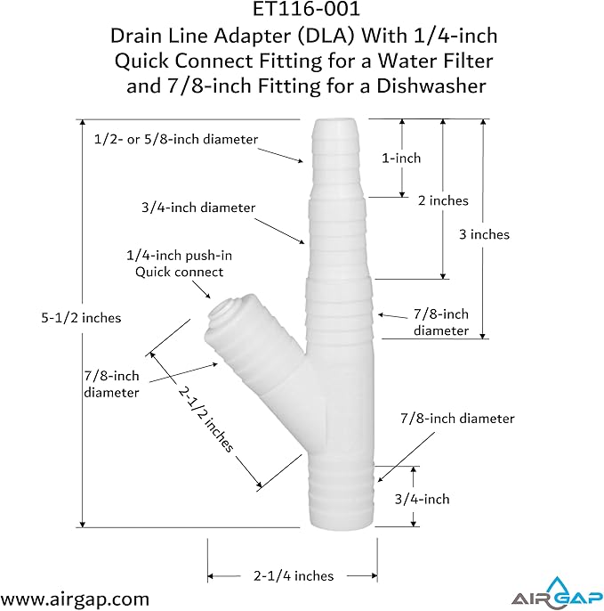 Drain Line Adapter (DLA) With 1/4-inch Quick Connect Fitting for a Water Filter and 7/8-inch Fitting for a Dishwasher (ET116-001, D-25QC, DLA-D)