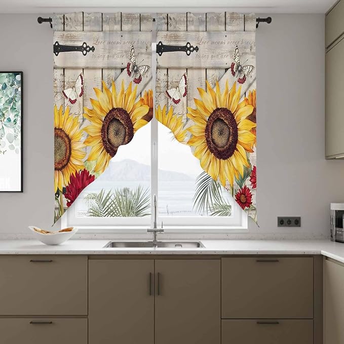 Red Yellow Sunflowers Swag Valances for Windows, Retro Rustic Barn Doors Butterfly Brown Rod Pocket Kitchen Curtains Valance, Kitchen Window Curtains Swag for Cafe Living Room, 2 Panels, 36x63 inch