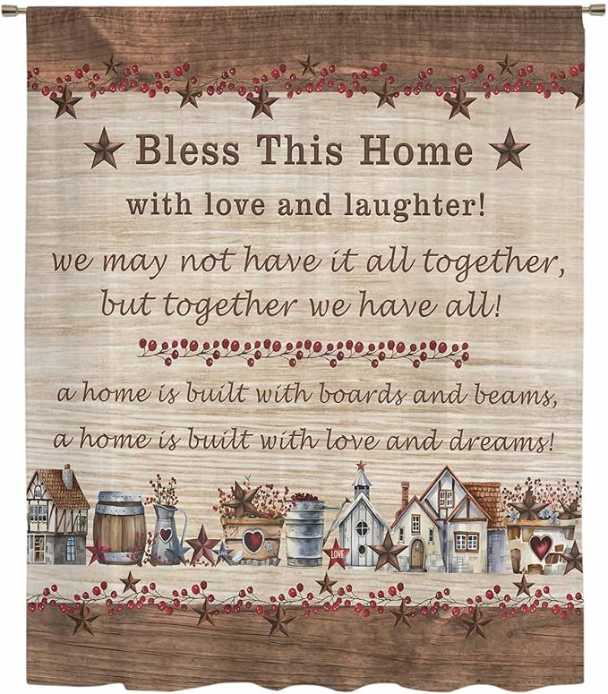 Farmhouse Sheer Curtains 96 Inch Length Brown Country Star Berry Vintage Wood Grain Chiffon Curtain for Bedroom Living Room Light Filtering Rod Pocket Window Treatments Voile Curtains Drapes