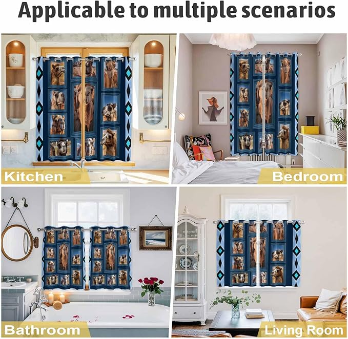 2 Panel Kitchen Cafe Curtains, Desert Camels Sunlight Filtering Nature Air Through, Home Decor Window Covering Tier Curtains for Living Room 80W x 84L inch Wildlife Brown Animals Blue Geometric