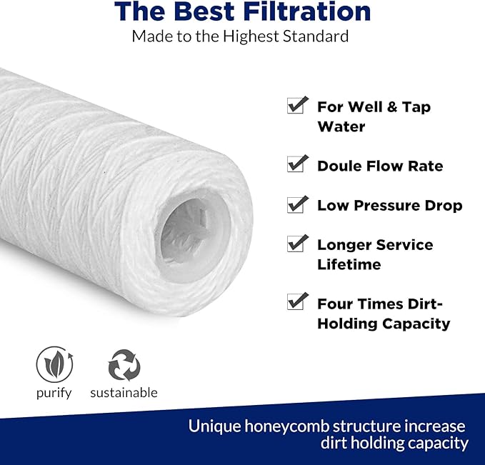 Membrane Solutions 5 Micron 10"x2.5" String Wound Whole House Water Filter Replacement Cartridge Universal Sediment Filters for Well Water - 6 Pack