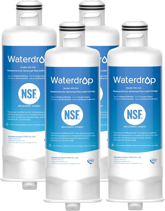 Waterdrop DA97-17376B Replacement for Samsung® HAF-QIN/EXP, DA97-08006C, RF28R7201SR, RF28R7351SG, WD-F45, Refrigerator Water Filter, 4 Filters