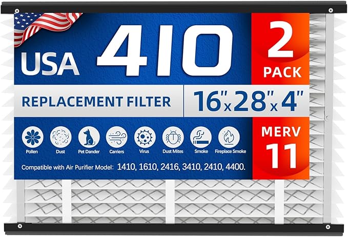 2 Pack, 410 Replacement Air Filter, Nominal Size: 16x25x4, Actual Size: 16.04"x27.91"x3.91" HVAC Furnace Filter, Compatible with AprilAire Models 1410, 1610, 2410, 2416, 3410, 4400, MERV 11
