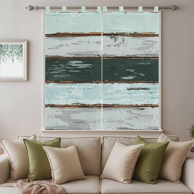 Blue Teal Living Room Curtains 84 Inch Length, Window Curtains Tab Top, Vintage Wooden Retro Art Farmhouse Barns Light Filtering Window Treatments Drapes 42"x84" 2 Panel