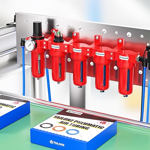 TAILONZ PNEUMATIC 0-150PSI 3/8 Inch NPT Red Industrial Grade 5 Stage Air Drying System, Particulate Filter, Coalescing Filter, Three Desiccant Dryer and Air Regulator (Manual Drainage)