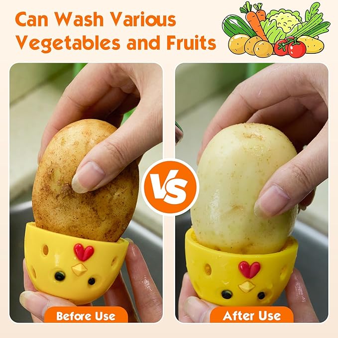 Egg Brush Cleaner, Egg Cleaner Scrubber for Fresh Eggs, Cute Chick Shaped Silicone Egg Washer, Reusable Multipurpose Washing Egg Tool for Fruits and Vegetables(Brown,1 Set)