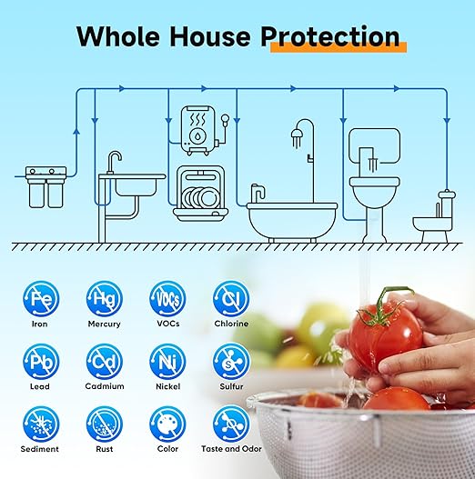 PUREPLUS 2-Stage Whole House Water Filtration System, Reduces Chlorine, Odor, Heavy Metals & Rust, 10"x4.5" Clear Housing, 1" Inlet/Outlet, PP Grooved Sediment&KDF Carbon Filters, With Pressure Gauges