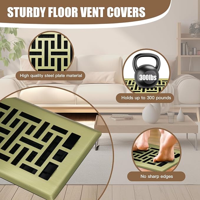 Floor Register Heavy Duty Walkable Steel Vent Register Brushed Gold Color 4X10 Inch Air Vent for Home Easy Adjust Air Supply Lever Floor Vent