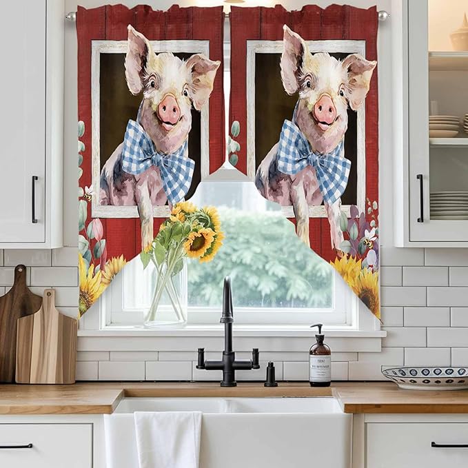 Pig Sunflowers Swag Valances for Windows, Eucalyptus Leaves Floral Bees Red Barn Rod Pocket Kitchen Curtains Valance, Small Window Curtains Swag for Cafe Bathroom Living Room, 2 Panels, 36x36 inch