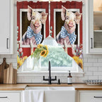 Pig Sunflowers Swag Valances for Windows, Eucalyptus Leaves Floral Bees Red Barn Rod Pocket Kitchen Curtains Valance, Small Window Curtains Swag for Cafe Bathroom Living Room, 2 Panels, 36x36 inch