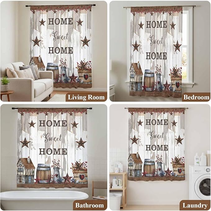 Farmhouse Sheer Curtains 96 Inch Length Retro Country Star Berry Vintage Wood Grain Chiffon Curtain for Bedroom Living Room Light Filtering Rod Pocket Window Treatments Voile Curtains Drapes