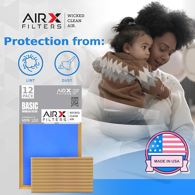 16x16x2 Air Filter Comparable to MPR 100 Basic Economy Furnace Filters, 12 Pack of Non Pleated Fiberglass Filter For Dust - Low Airflow Restriction! From AIRX FILTERS WICKED CLEAN AIR.
