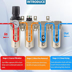 1/2" NPT Industrial Grade 4 Stage Air Compressor Drying System, 0-240 PSI, Particulate & Coalescing Filters, Auto Drain Air Compressor Water Separator System Filter Oil for Paint Spray＆ Plasma Cutter