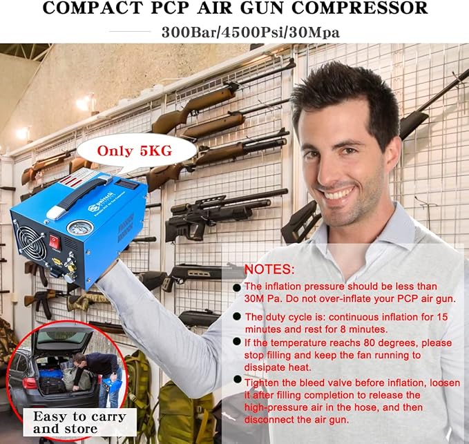 PCP Air Compressor, Portable 4500Psi/30Mpa, Water/Oil-Free, PCP Rifle/Pistol and Paintball Tank Air Pump, Powered by 12V Car DC or Home 110V AC with Power Converter and Oil-Moisture Filter