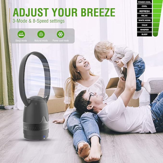 Bladeless Fan and Air Purifier Combo 26-Inch, HEPA-Filter, 8-Speed, 120° Oscillating, Remote Control, 8H Sleep Timer, Black (MT1004)