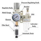 1/4" NPT Air Compressor Water Separator Regulator Filter Combo Compressed Air Filter Dryer Pressure Regulator with Gauge(0-150 psi) Poly Bowl Auto Drain Bracket - 3 in 1 Two Unit