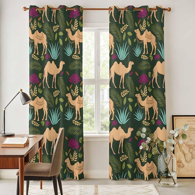 2 Panel Kitchen Cafe Curtains, Retro Desert Camel Sunlight Filtering Nature Air Through, Window Decor Tier Curtains for Living Room 104W x 96L inch Tropical Animal Aloe Vera Leaves Dark Green