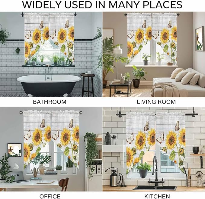 Yellow Sunflowers Swag Valances for Windows, Vintage Country Flowers Butterfly Wood Board Rod Pocket Kitchen Curtains Valance, Small Window Curtains Swag for Cafe Living Room, 2 Panels, 36x36 inch