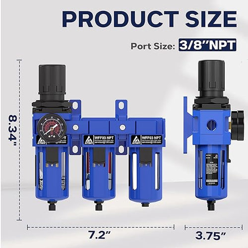 3/8 Inch NPT Three Stage Air Drying System,air Pressure Regulator with 5＆0.01 Micron Filter Cartridge，Desiccant Dryer & Air Regulator, Metal Bowl Manual Drainage-Blue
