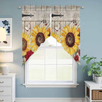 Red Yellow Sunflowers Swag Valances for Windows, Retro Rustic Barn Doors Butterfly Brown Rod Pocket Kitchen Curtains Valance, Kitchen Window Curtains Swag for Cafe Living Room, 2 Panels, 36x45 inch