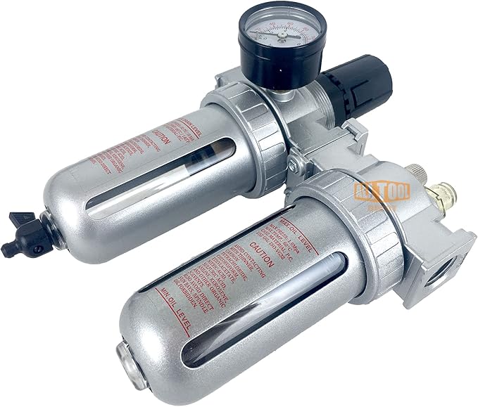 1/4" NPT Mid Flow Compressed Air In Line Filter Regulator Lubricator Oiler Combo Piggyback, Poly Bowl And Metal Body, 5 Micron Element, Adjustable From 7 to 145 PSI (MANUAL DRAIN)