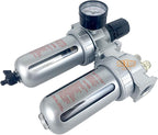 3/8" NPT Mid Flow Compressed Air In Line Filter Regulator Lubricator Oiler Combo Piggyback, Poly Bowl And Metal Body, 5 Micron Element, Adjustable From 7 to 145 PSI (MANUAL DRAIN)