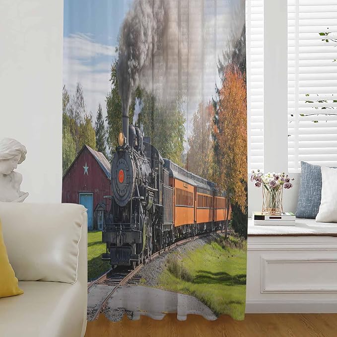 Steam Train Sheer Curtains 108 Inch Length Railroad Country Barn Rustic Trees Farmhouse Chiffon Curtain for Bedroom Living Room Light Filtering Rod Pocket Window Treatments Voile Curtains Drapes