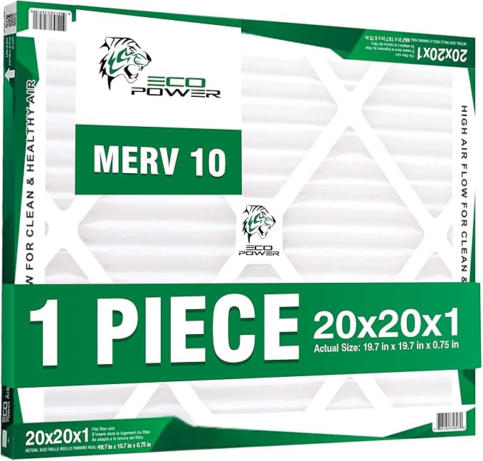20x20x1 ECO POWER Air Filter MERV 10, Pleated HVAC AC Furnace Air Filters Replacement, Comparable to MPR 1000 & FPR 7 (Actual Size: 19.6 x 19.6 x 0.75 Inches), SB3334