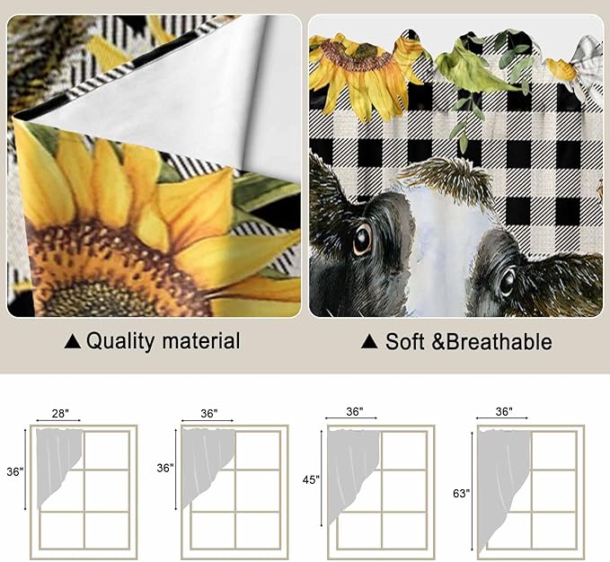 Retro Sunflowers Swag Valances for Windows, Farmhouse Floral Cow Butterfly Black Plaid Rod Pocket Kitchen Curtains Valance, Kitchen Window Curtains Swag for Cafe Living Room, 2 Panels, 36x45 inch