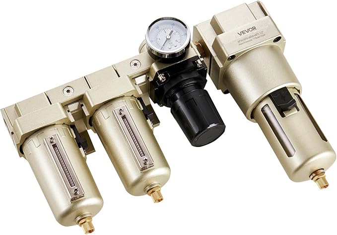 VEVOR Air Compressor Filter Regulator Combo, 1/2" NPT 3-Stage 25μm & 5μm & 0.3μm Compressed Air Drying System with Micron Filters & Oil-Water Separator, Semi-Auto Drain, 175PSI Max Working Pressure